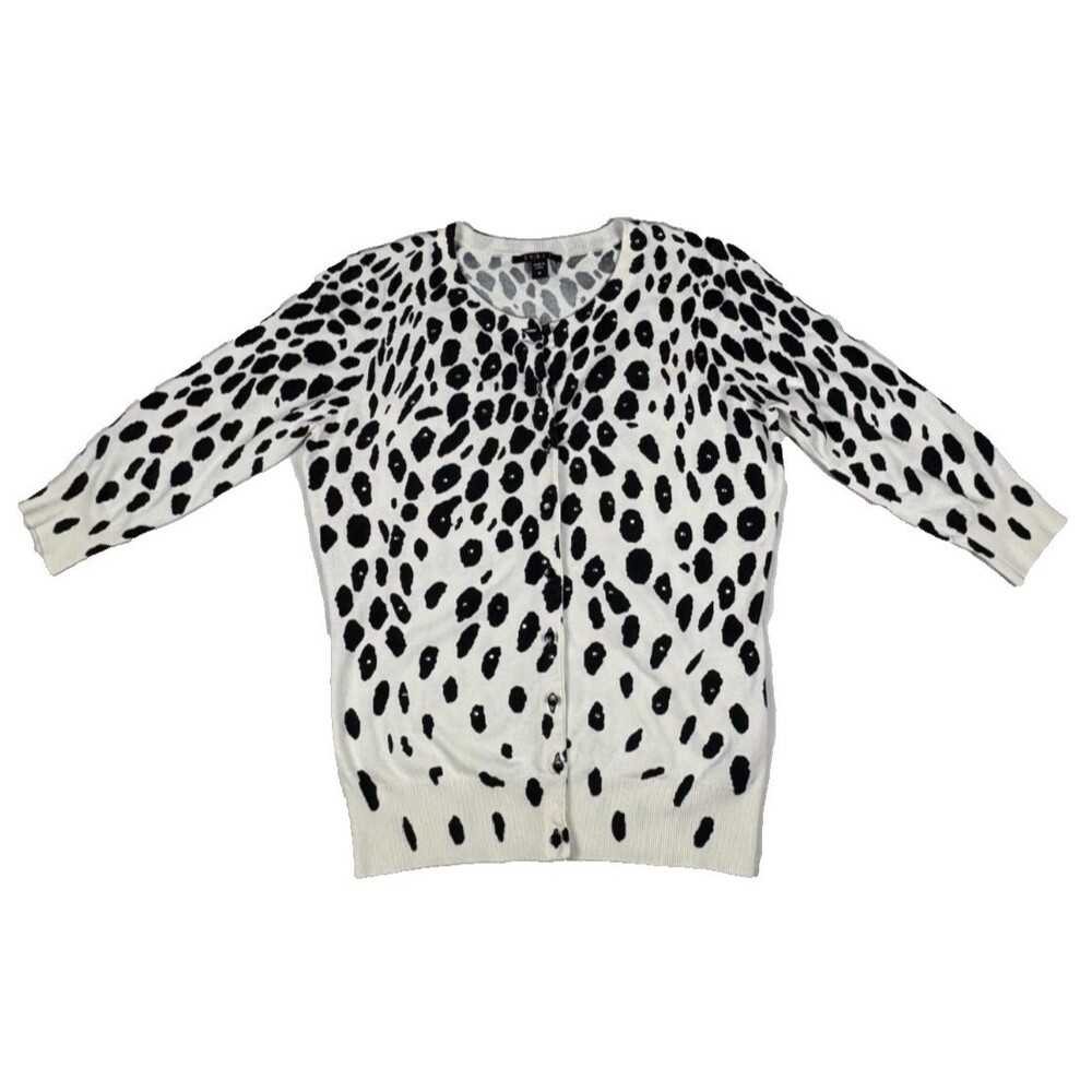 Cyrus Animal Print Rhinestone Cardigan Sweater Medium Black White Spotted Crew M